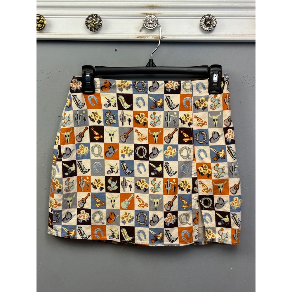 Urban Outfitters Skirt Womens Small Multi Western Checkerboard Linen Mini Slit